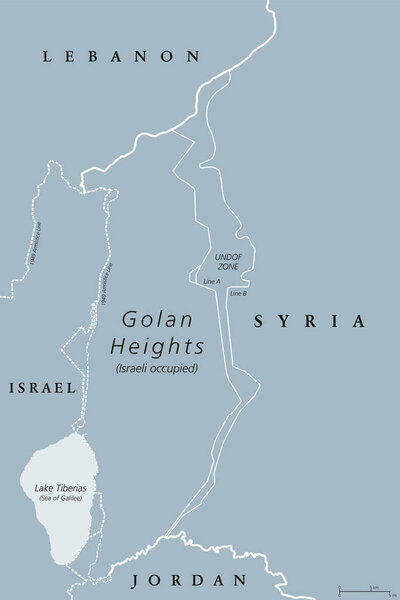 Golan Heights. political map with borders. A region in the Levant. Area, captured from Syria and occupied by Israel. English labeling. Gray illustration on white background. Vector.