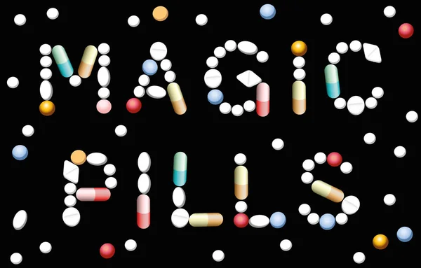 Pilas Mágicas Escritas Com Comprimidos Cápsulas Simbólicas Para Promessa Remédio — Vetor de Stock