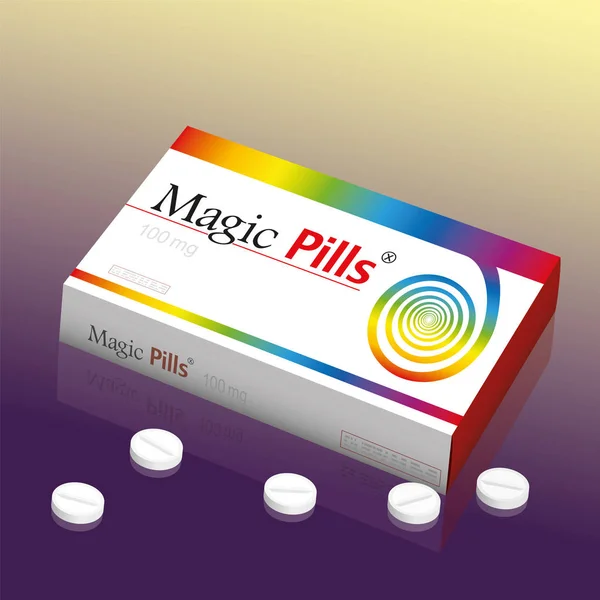 Пакет Лекарств Названием Magic Pills Медицинский Продукт Панацеи Обещающий Чудесное — стоковый вектор