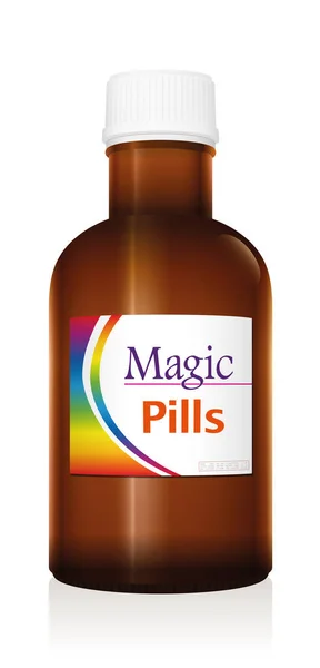 医療バイアル瓶という魔法の薬です 奇跡の治療 安心健康や癒しに関する他の素晴らしさを約束する万能薬製品の問題します 白い背景のベクトル — ストックベクタ