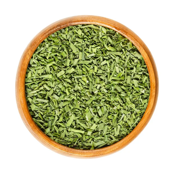 Сушеный Лук Деревянной Чаше Allium Schoenoprasum Нарезанная Зеленая Трава Сделанная — стоковое фото