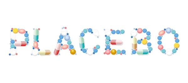 Placebo Escrito Con Pastillas Tabletas Cápsulas Ilustración Vectorial Aislada Sobre — Vector de stock