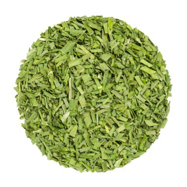 Dried chives. Herb circle from above, isolated, over white. Disc made of chopped chives. Allium schoenoprasum. Green herb, made of the leaves, plant stems and scapes. Closeup. Macro food photo. clipart