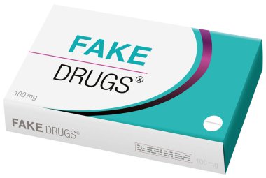 Sahte ilaçlar, ilaç sahte paketi. Sembolik zararlı sahte hapları için risk ve tehlike yasadışı üretilen ve satılan ilaç. Beyaz izole vektör.