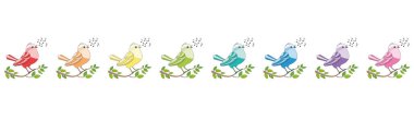 Songbirds in a row like a c-major line - eight rainbow colored twittering and chirping and singing birds. Comic illustration on white background. clipart