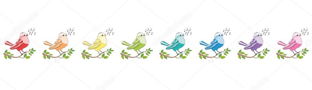 Songbirds in a row like a c-major line - eight rainbow colored twittering and chirping and singing birds. Comic illustration on white background.