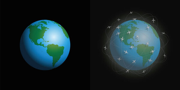 Air pollution by airplanes and their contrails, our environmental future trouble. Clean and dirty planet earth with polluted atmosphere in comparison. Before and after comparison. Vector illustration.