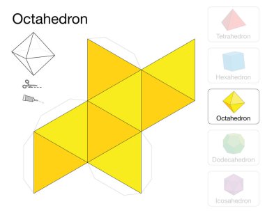 Octahedron platonik katı şablonu. Bir sarı renk üçgen net dışarı işe üç boyutlu bir el işi yapmak için beş platonik katı bir octahedron kağıt modeli.