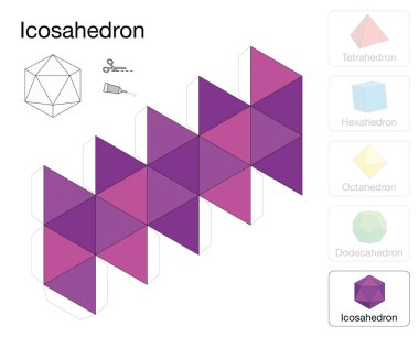 İcosahedron platonik katı şablonu. Bir icosahedron, bir üç boyutlu bir el sanatları net pembe üçgen dışında iş yapmak için beş platonik katı kağıt modeli.