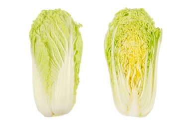 Napa lahana, bütün ve yarı, Çin lahanası, görünümü top. Nappa. Wombok. Ham, taze, çiğ, yeşil sebze. Brassica rapa Perkinensis Group.Macro gıda fotoğraf yakın çekim, izole beyaz arka plan üzerinde.