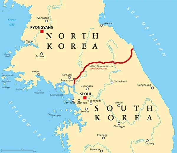 Península Coreana Zona Desmilitarizada Mapa Político Corea Del Norte Corea — Vector de stock