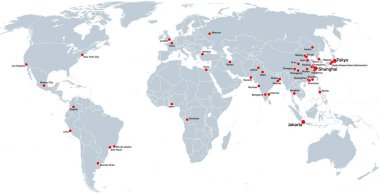 Dünya, siyasi harita megacities. En büyük şehirler on milyondan fazla kişi ile. Tokyo, Şanghay ve Jakarta metropol alanlarda en nüfuslu. İngilizce etiketleme. Resimde. Vektör.
