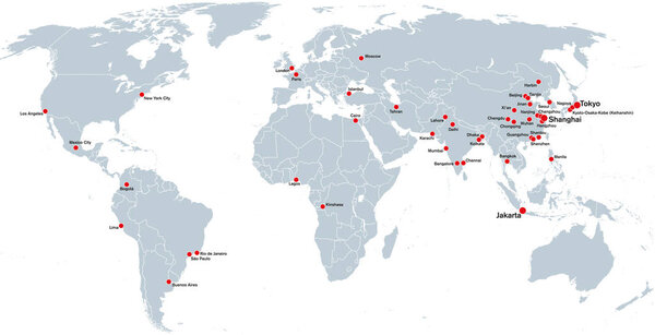 Megacities of the world, political map. Largest cities with more than ten million people. Metropolitan areas Tokyo, Shanghai and Jakarta with most inhabitants. English labeling. Illustration. Vector.