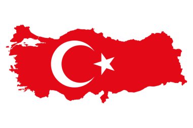 Türkiye'nin ülke siluet bayrağı. Al bayrak. Kırmızı bayrak beyaz yıldız ve hilal, ülke anahat ile. Eurasia Kıtalararası ülkede. Beyaz arka plan üzerinde illüstrasyon izole. Vektör.
