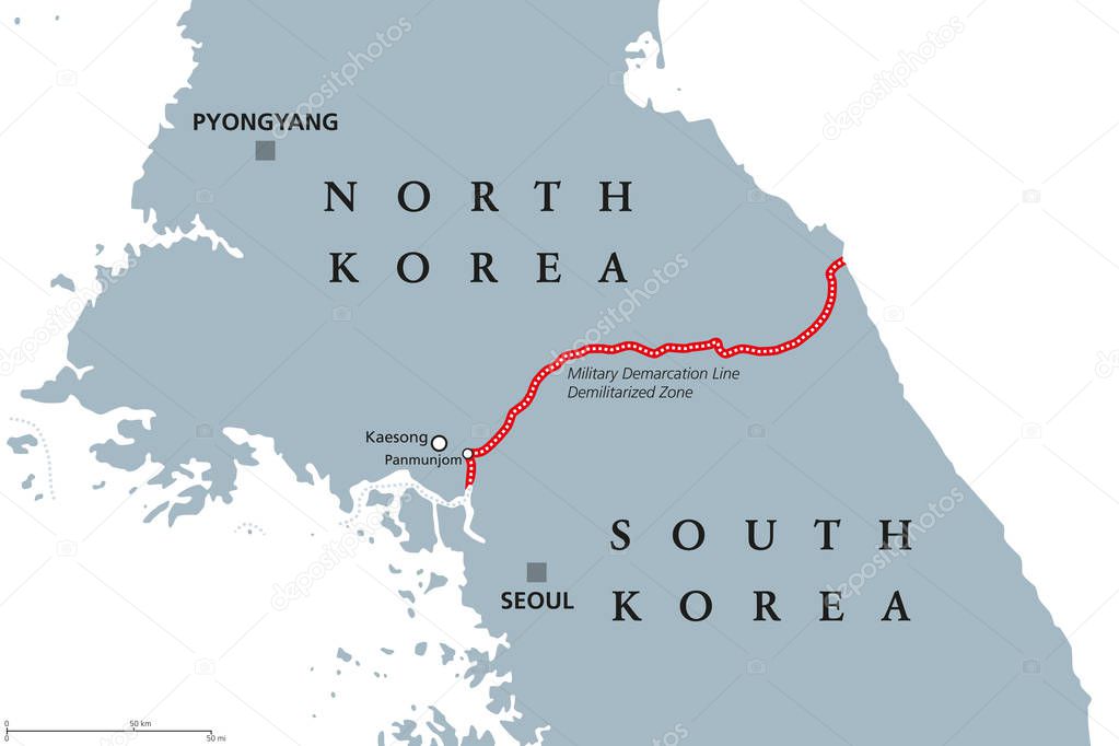 Korean Peninsula, Demilitarized Zone Area, political map. North and South Korea with red Military Demarcation Line, capitals and borders. English labeling. Gray illustration, white background. Vector.