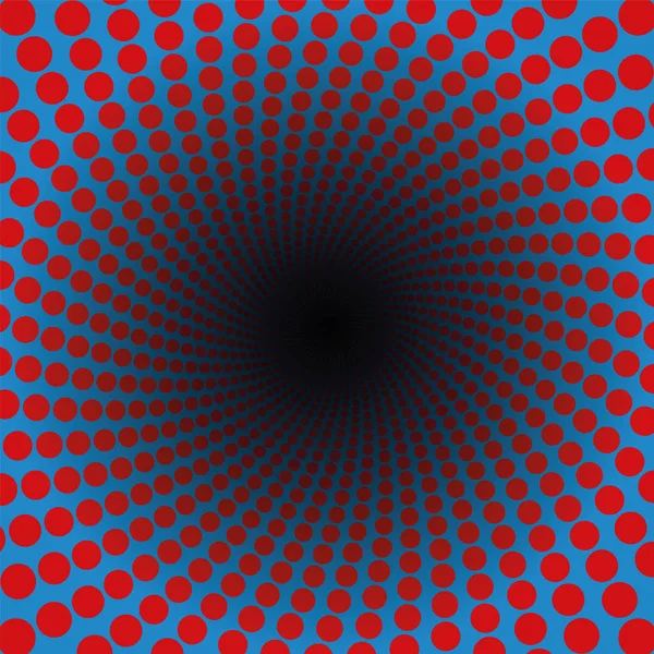 赤ドット黒センター 活気のある サイケデリック ヒュー ツイスト円形フラクタル背景イラストと青いトンネルのスパイラル パターン — ストックベクタ
