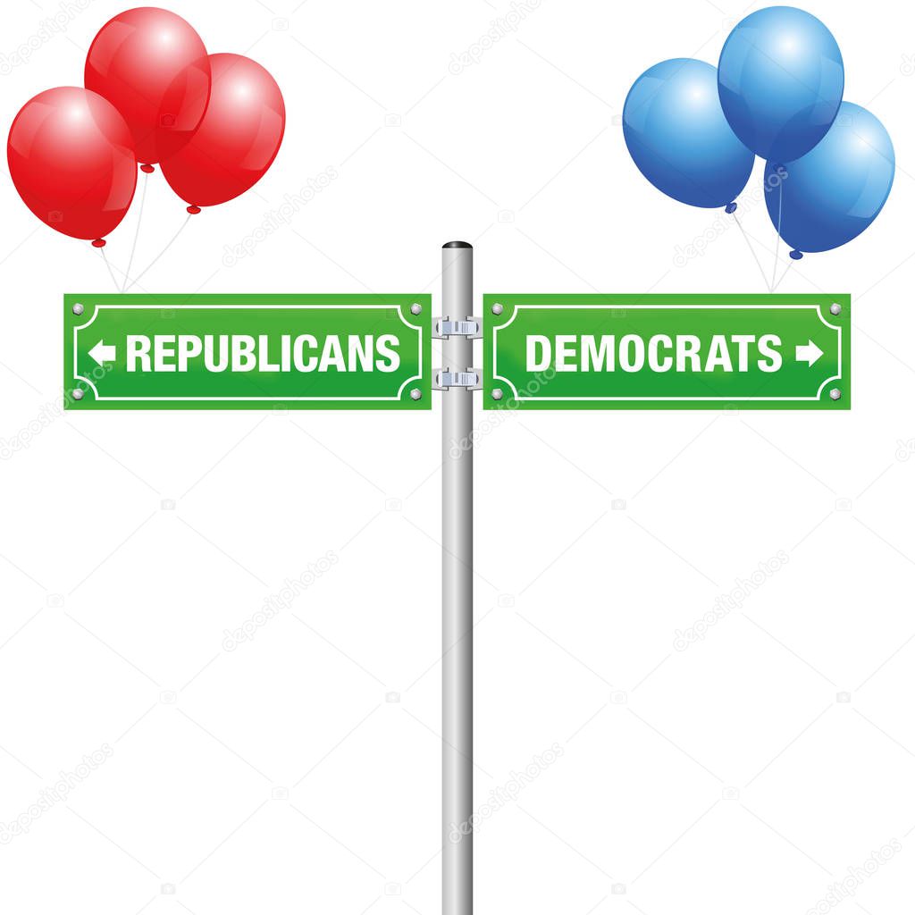 DEMOCRATS or REPUBLICANS, written on street signs with red and blue balloons to choose ones favorite party, government, politics, ideology - isolated vector illustration on white background.