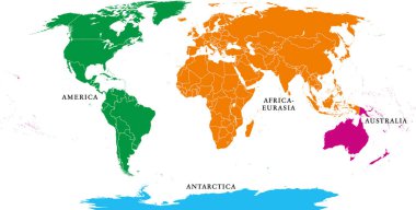 Dört kıta. Ulusal sınırların dünya harita. Amerika, Afrika-Avrasya, Avustralya ve Antarktika. Siyasi harita Robinson projeksiyon altında. İngilizce etiketleme. Beyaz arka plan üzerinde izole. Vektör.