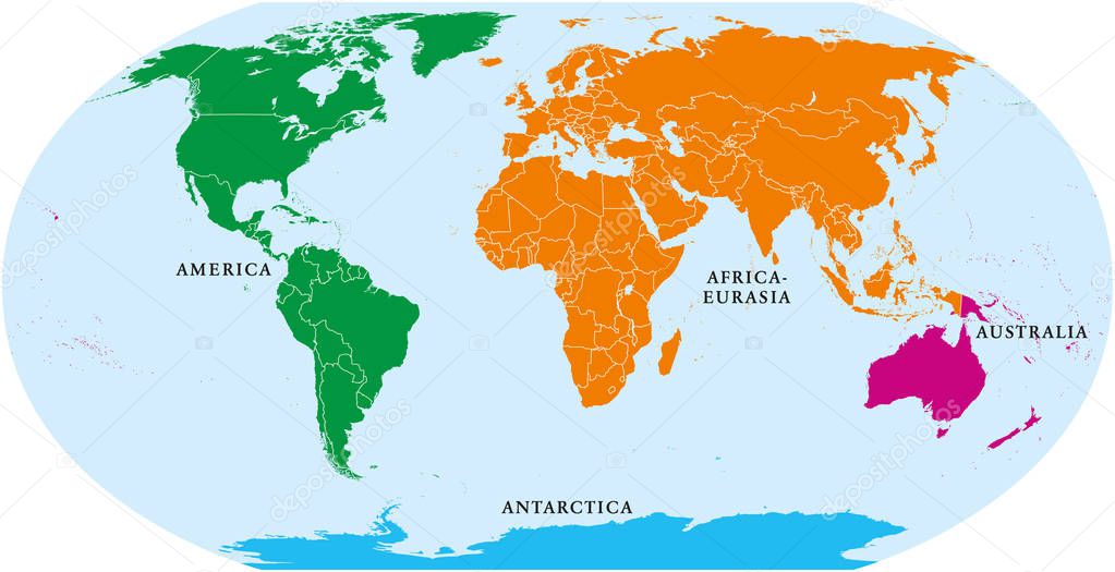 Four continents world map. America, Africa-Eurasia, Australia and Antarctica. Political map with shorelines and borders. Robinson projection. English labeling. Isolated on white background. Vector.