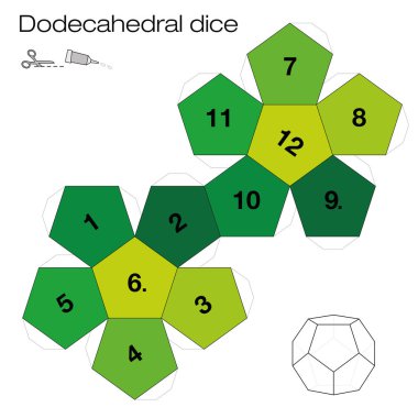 Dodecahedron şablon, dodecahedral zar - bir beş platonik katı - 3d net dışında on iki taraf ile madde ve zar oynamak olun. Resimde beyaz arka plan üzerinde.