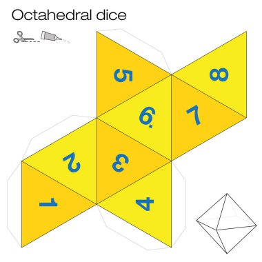 Octahedron şablon, orbitallerinin zar - bir beş platonik katı - 3d net dışında sekiz yanlarıyla madde ve zar oynamak olun. Resimde beyaz arka plan üzerinde.