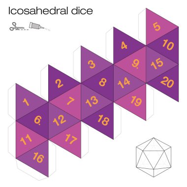 İcosahedron şablon, icosahedral zar - bir beş platonik katı - 3d net dışarı yirmi yanlarıyla madde ve zar oynamak olun. Resimde beyaz arka plan üzerinde.