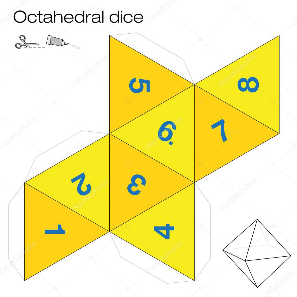 Octahedron template, octahedral dice - one of the five platonic solids - make a 3d item with eight sides out of the net and play dice. Illustration on white background.