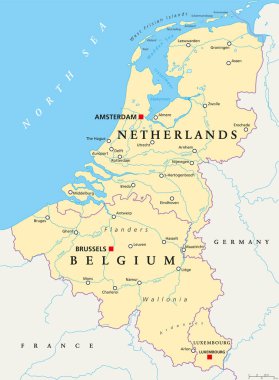 Benelüks. Belçika, Hollanda ve Lüksemburg. Başkentler, kenarlıklar ve önemli şehirler ile siyasi harita. Benelux Birliği, coğrafi, ekonomik, kültürel grubu. İngilizce etiketleme. Resimde. Vektör.