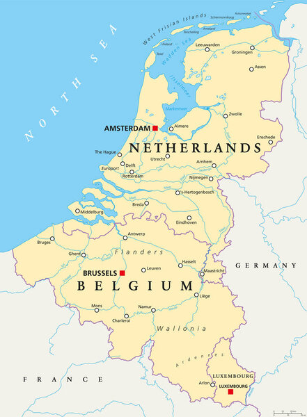 Benelux. Belgium, Netherlands and Luxembourg. Political map with capitals, borders and important cities. Benelux Union, a geographic, economic, cultural group. English labeling. Illustration. Vector.