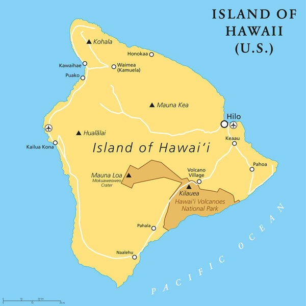 Island of Hawaii, political map. Largest island located in the U. S. state of Hawaii in the North Pacific Ocean. Also called Big Island, Big I or Hawaii Island. English labeling. Illustration. Vector