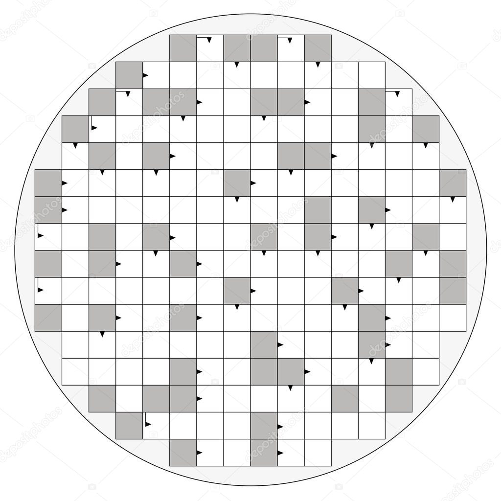 Round crossword pattern with arrows and empty boxes to insert any words for a clear message, brief heading or explicit information in keywords - circular shaped template.