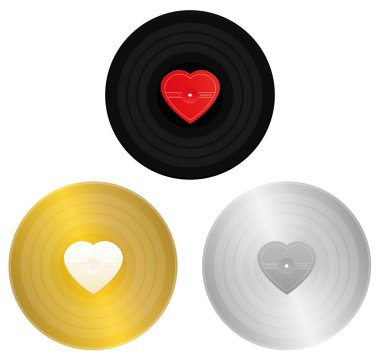 Aşk şarkıları kayıtları - siyah, altın ve gümüş ödül veya sertifika için etiketlenmeye etiketlenmemiş kalp şeklinde merkezi kaydıyla. Altın hits, altın Tokmaklar, eski aşk şarkıları veya aşk müzik herhangi bir ileti simgesi.