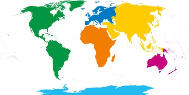 Altı kıtada, dünya haritası. Afrika, Amerika, Antarktika, Asya, Avustralya ve Avrupa'da. Anahat ve renkli şekiller. Robinson projeksiyon. Beyaz arka plan üzerinde izole. Vektör.