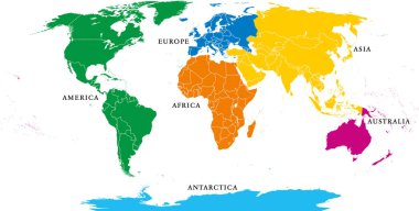 Altı kıta sınırları ile siyasi dünya haritası. Afrika, Amerika, Antarktika, Asya, Avustralya ve Avrupa'da. Robinson projeksiyon. İngilizce etiketleme. Beyaz arka plan üzerinde illüstrasyon izole. Vektör.