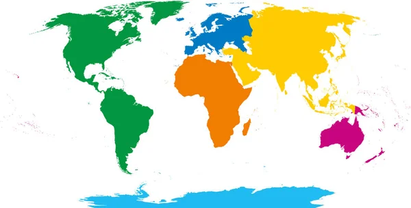 Altı Kıtada Dünya Haritası Afrika Amerika Antarktika Asya Avustralya Avrupa — Stok Vektör