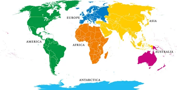 Seis Continentes Mapa Político Mundial Con Fronteras África América Antártida — Archivo Imágenes Vectoriales
