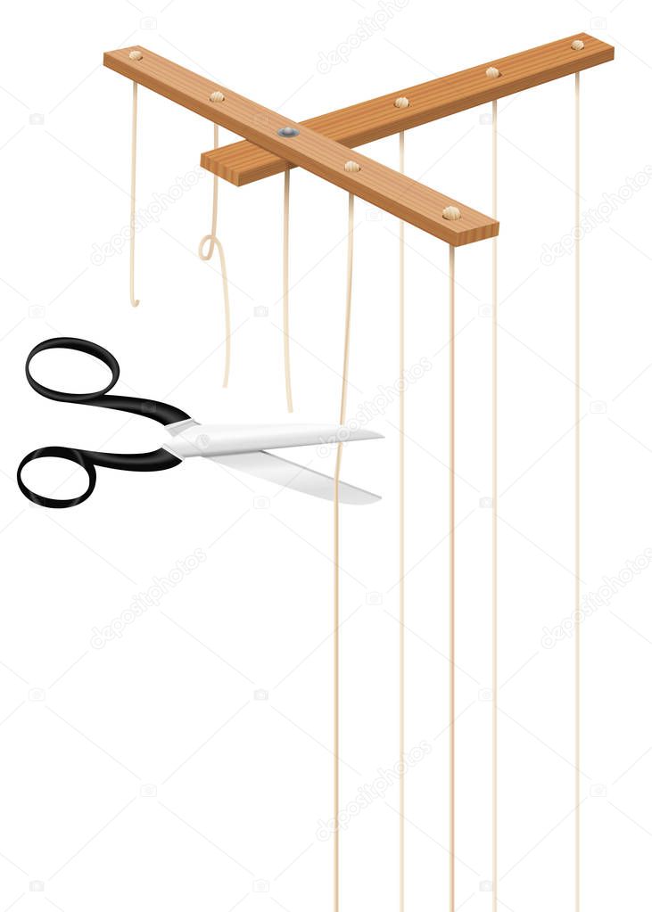 Scissors cuts strings of marionette control bar. Severed cords as a symbol for freedom, independence, emancipation, deliverance, liberation, detachment, release or escape. Isolated vector on white.
