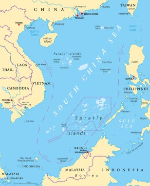 Güney Çin Denizi Adaları, siyasi harita. Adalar, atolls, cays, sürüler, resifleri ve sandbars. Kısmen Çin ve diğer komşu Devletler tarafından iddia etti. Paracel ve Spratly Adaları. Resimde. Vektör.