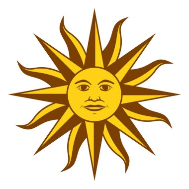 Paz Mayıs, İspanyol Sol de Mayo, arması Uruguay ülke bayrağı. Bir yüz ve on altı düz ve on altı dalgalı ışınları ile parlak altın sarı güneş. Resimde beyaz üzerinde. Vektör.