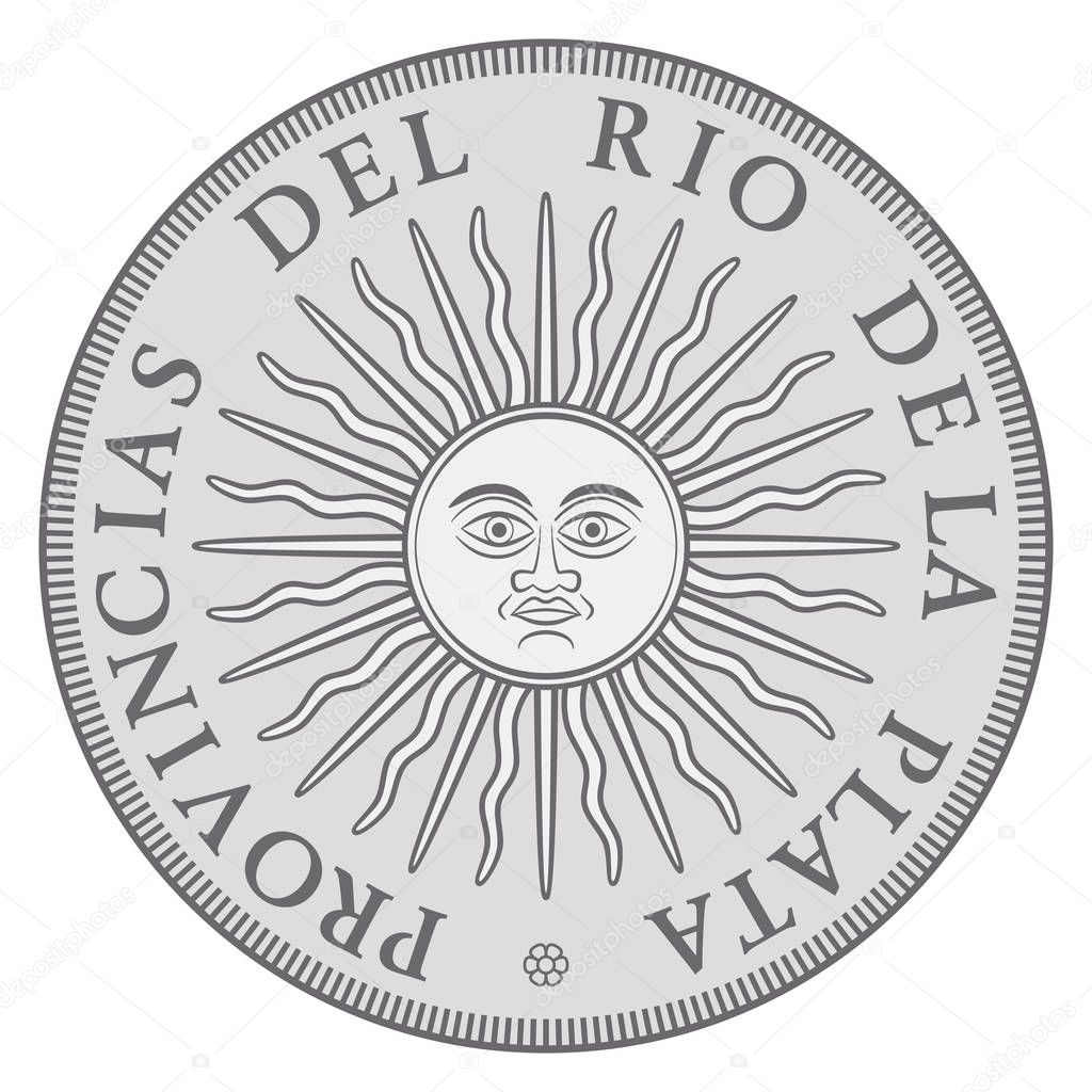 Early Argentinian silver coin with Sun of May, issued in the name of the United Province of the River Plate. Sol de Mayo, national emblem, a sun with face and sunbeams. Illustration over white. Vector