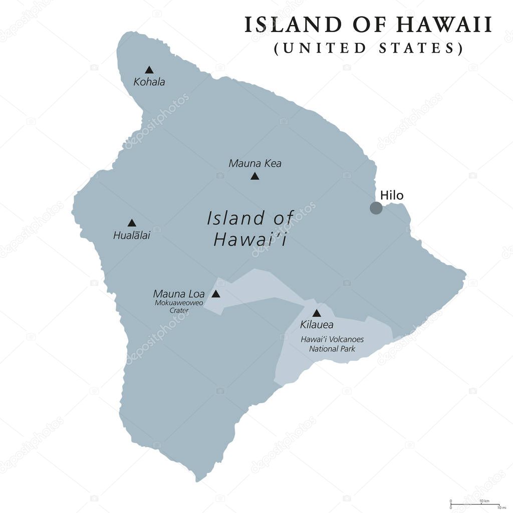 Island of Hawaii, gray colored political map. Largest island in the U.S. State of Hawaii in the North Pacific Ocean. Big Island, Big I, Hawaii Island. English labeling. Illustration over white. Vector
