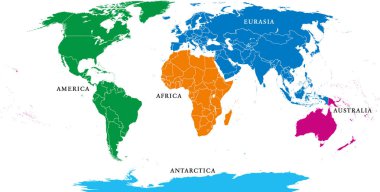Beş kıta sınırları ile siyasi dünya haritası. Afrika, Amerika, Antarktika, Asya, Avustralya ve Avrupa'da. Robinson projeksiyon. İngilizce etiketleme. Beyaz arka plan üzerinde illüstrasyon izole. Vektör.