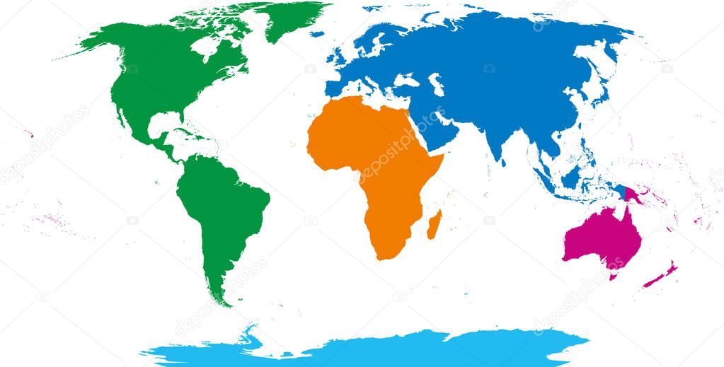 Five continents, world map. Africa, America, Antarctica, Australia and Eurasia. Outline and colored shapes under Robinson projection. Isolated on white background. Vector.
