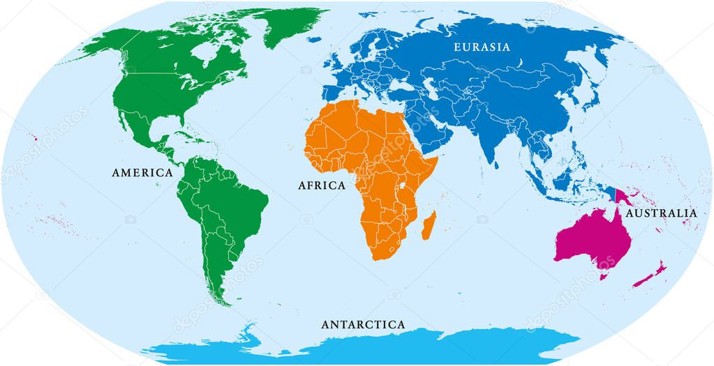 Five continents world, political map. Africa, America, Antarctica, Australia and Eurasia, with shorelines and borders. Robinson projection. English labeling. Isolated on white background. Vector.