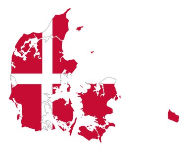 Danimarka bayrağı ülke siluet içinde. Danimarka ulusal devlet Teğmen, bir beyaz İskandinav çapraz kırmızı bir alan üzerinde. Avrupa'da İngiltere ve Nordic ülke. Beyaz arka plan üzerinde illüstrasyon izole. Vektör.