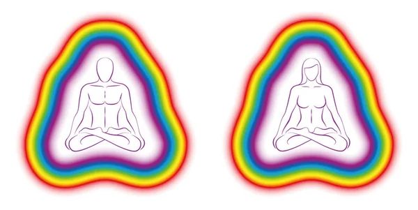 Pareja Meditando Posición Yoga Con Colorido Cuerpo Sutil Aura Ilustración — Vector de stock