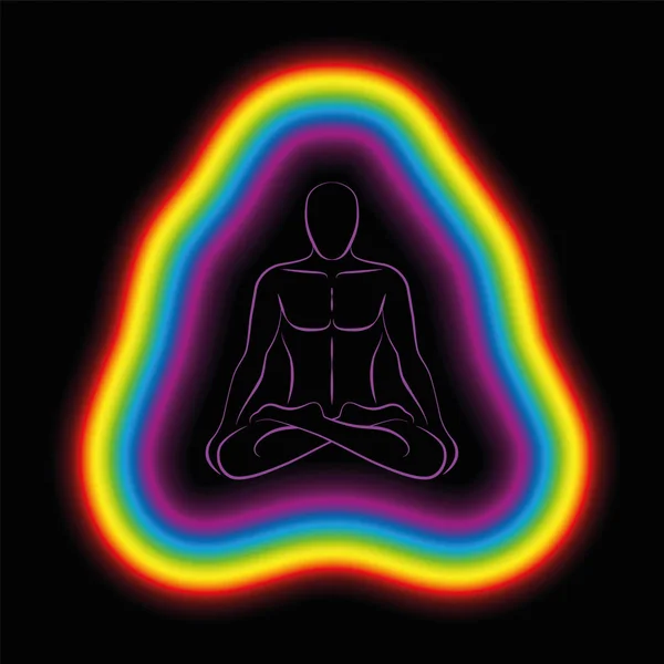 Meditând Omul Poziția Yoga Aură Colorată Sau Corp Subtil Ilustrație — Vector de stoc