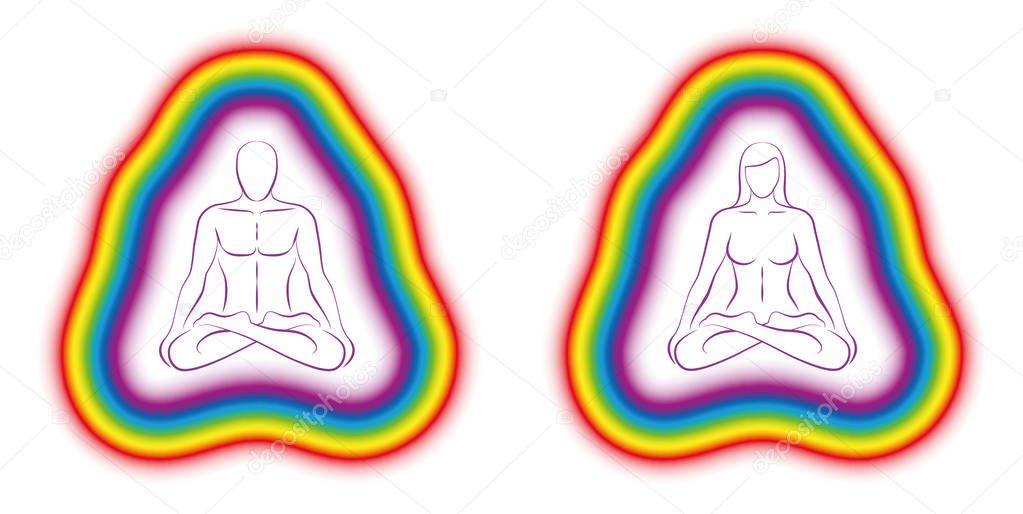 Meditating couple in yoga position with colorful subtle body or aura. Isolated vector illustration on white background.