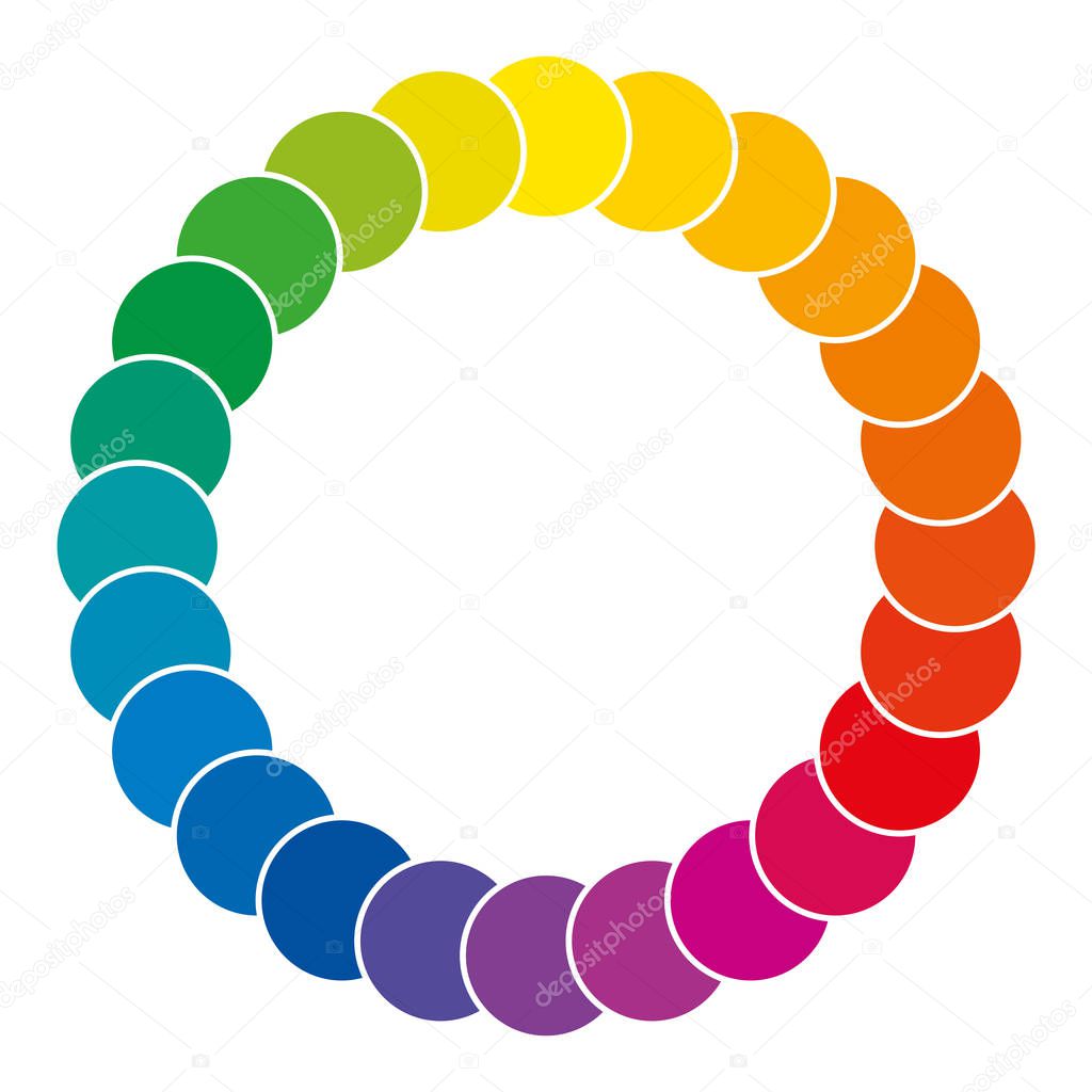 Color wheel made of circles. Rainbow colored circles showing mixed complementary colors that are used in art and for paintings. Color synthesis and theory. Isolated illustration over white. Vector.