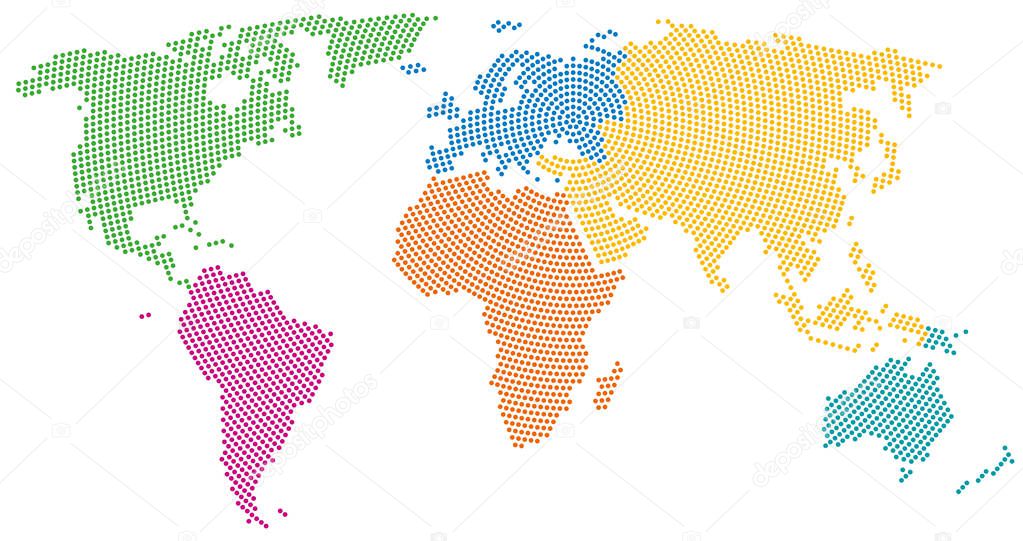 Continents of the world, radial dot pattern, on white background. Colored dots going from the center outwards, forming the silhouette and outline of the Earth. Illustration on white background. Vector